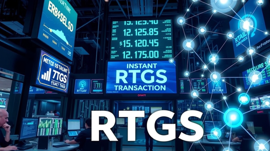 Obraz z finančného centra s obrazovkami zobrazujúcimi RTGS transakcie.