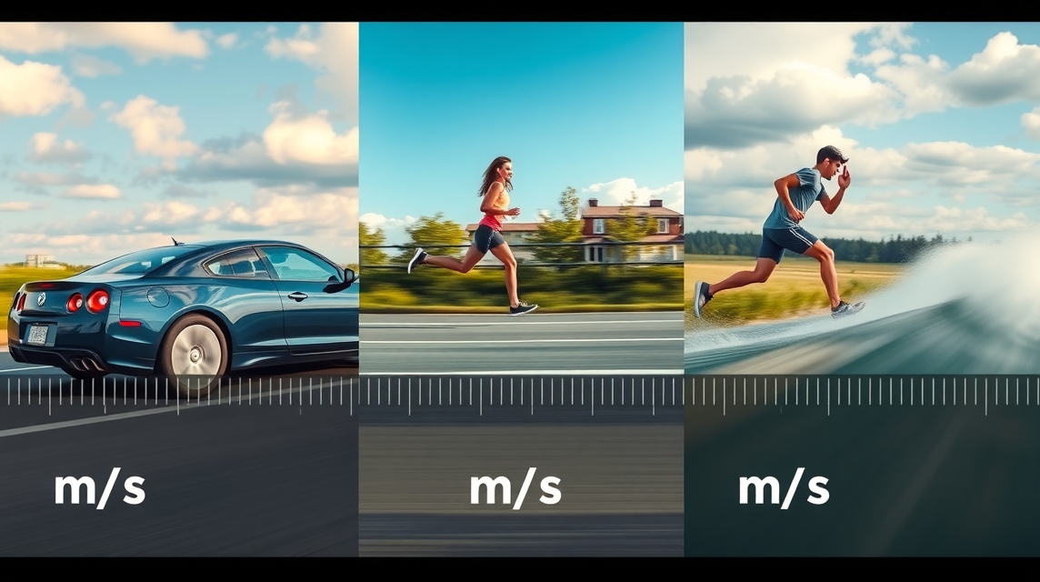 Moderne auto, futó nő és vízisíelő férfi, mindegyik különböző sebességgel.