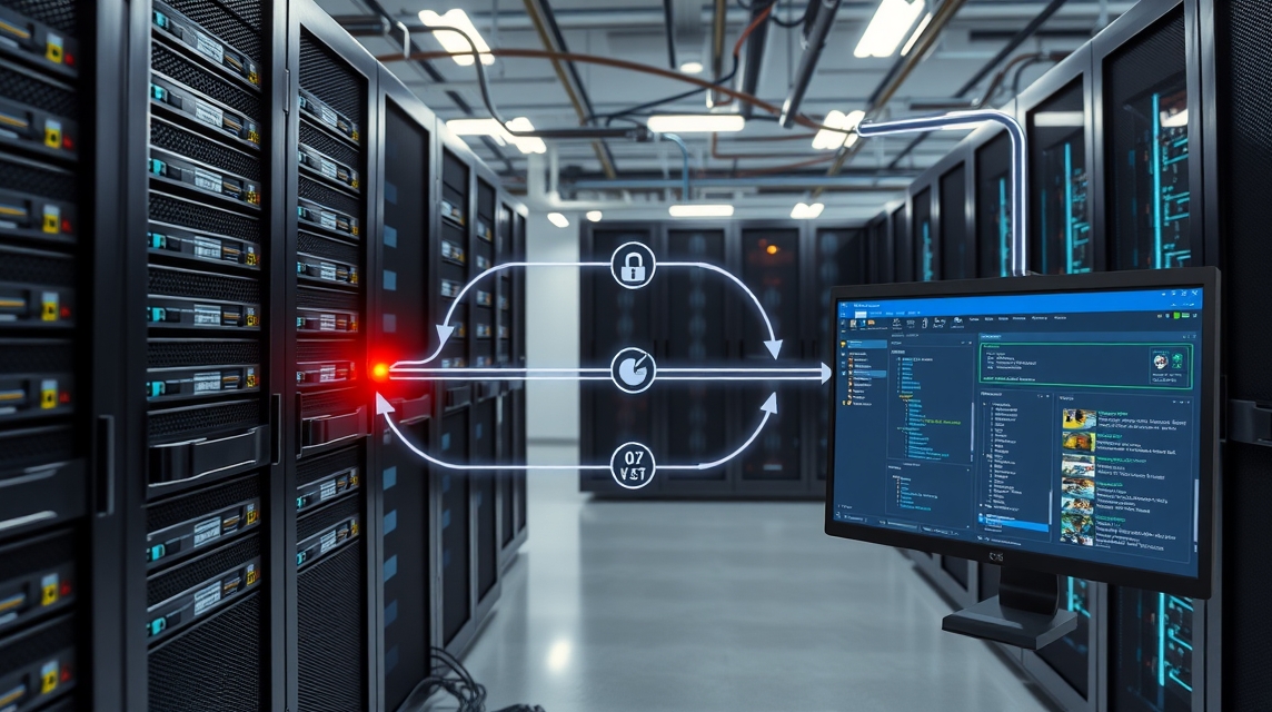 Moderný serverový priestor s počítačom a vizualizáciou dátových tokov.