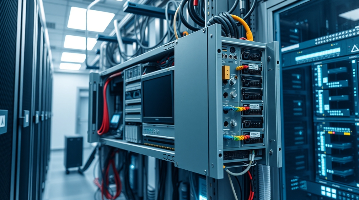 Detailný pohľad na serverový rack s elektronickými zariadeniami a káblami.