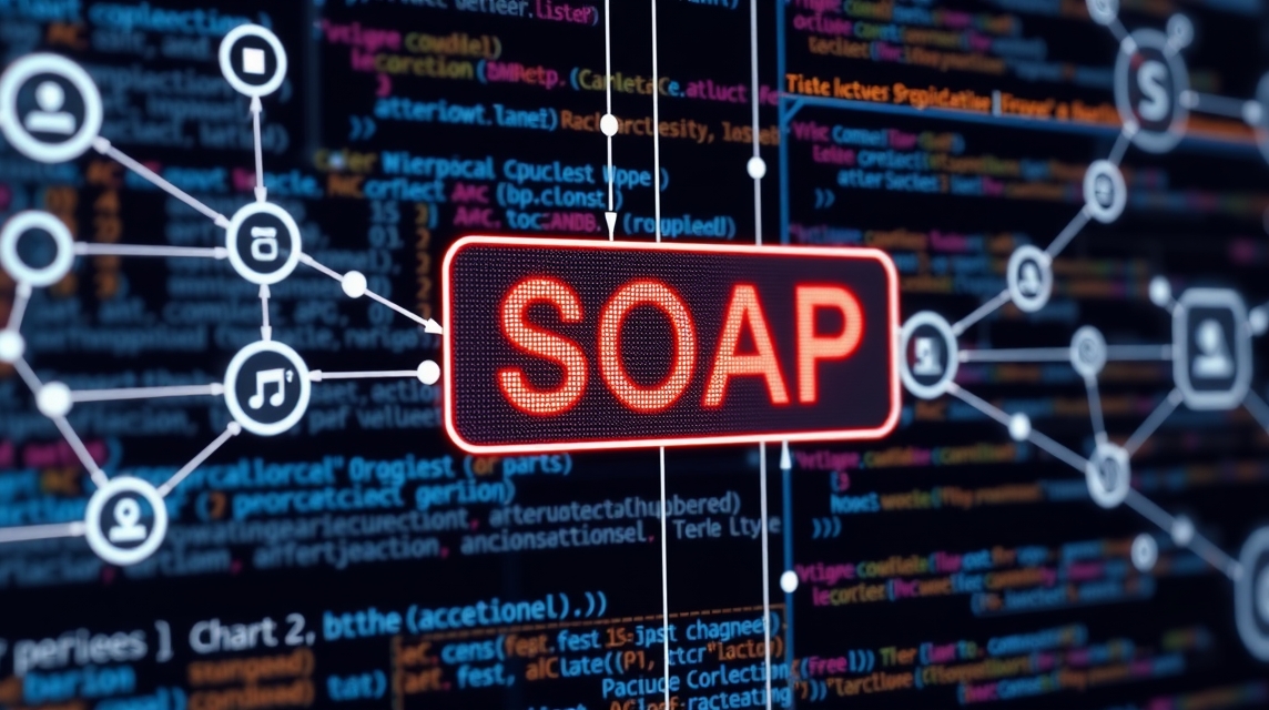 Obrázok znázorňuje kód a grafické prvky súvisiace s SOAP protokolom.