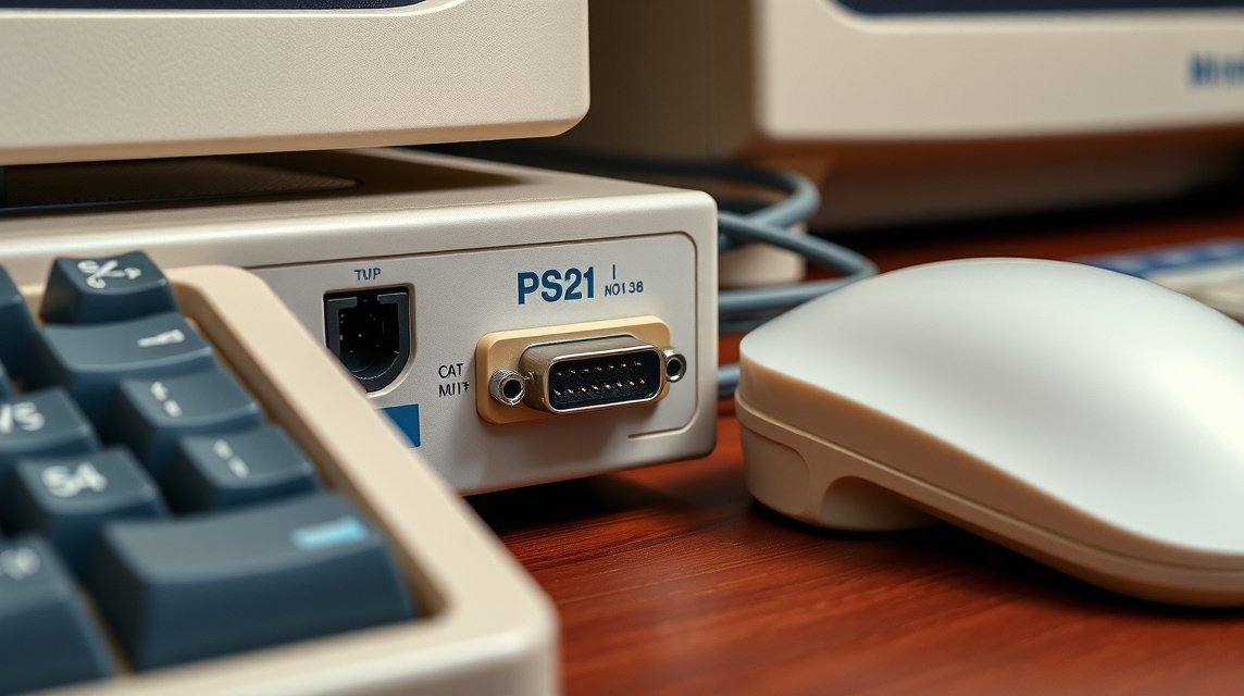 Detail počítača so starým PS/2 portom a myšou, na drevenej doske.