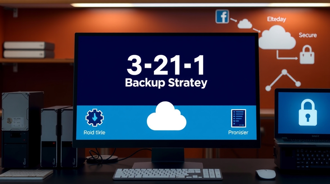 Na obrazovke počítača je zobrazená stratégia zálohovania 3-2-1.