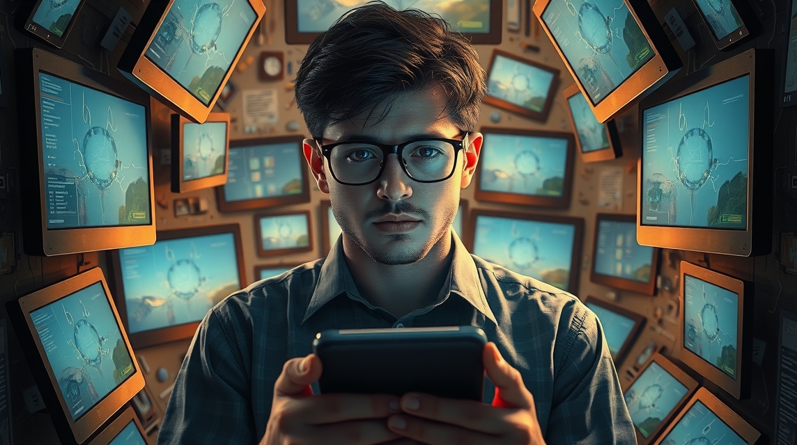 Mladý muž s okuliarmi drží mobilný telefón pred obrazovkami s technológiou.