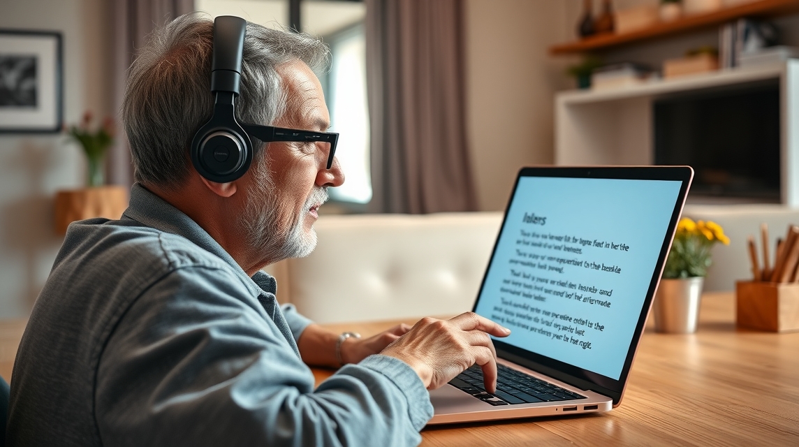 Starší muž fejlesztői munkát végez a laptopján, fejhallgatóval.