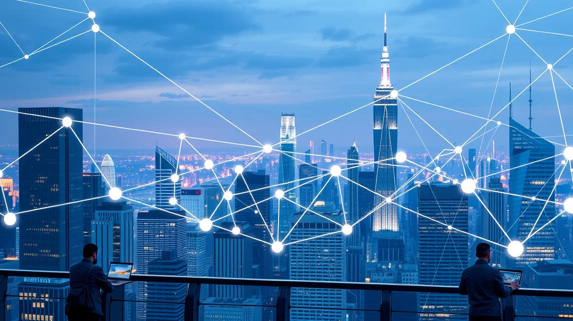 Pohľad na moderné mesto, ahol technológia és a város fényei találkoznak.