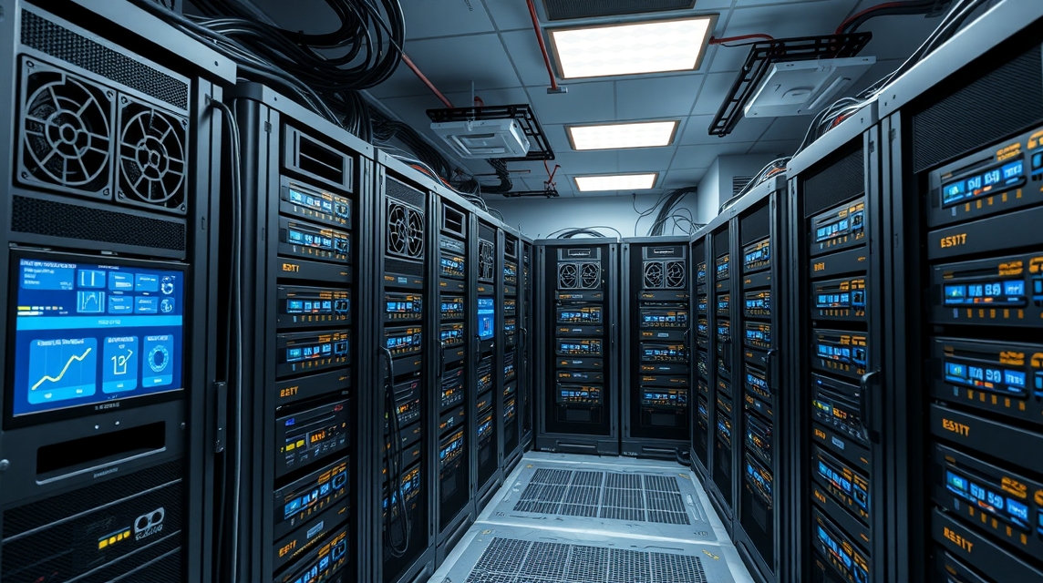 Moderné servery uskladnené v technickej miestnosti s modrými displejmi.