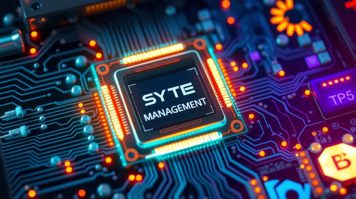 Detailný pohľad na čip s nápisom SYTE MANAGEMENT na základnej doske.
