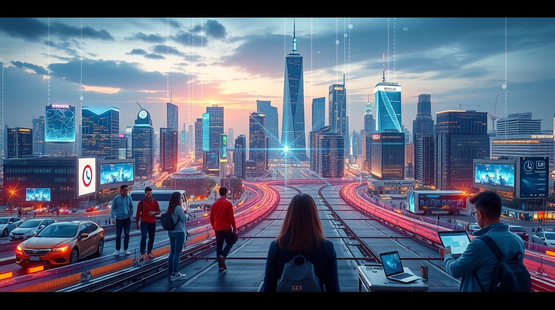 Moderná mestská panoráma s technológiou a ľuďmi na ceste.