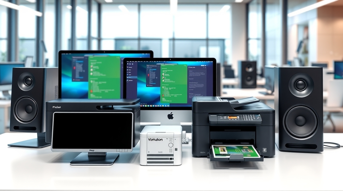 Moderná kancelária s počítačmi, tlačiarňou a reproduktormi na stole.