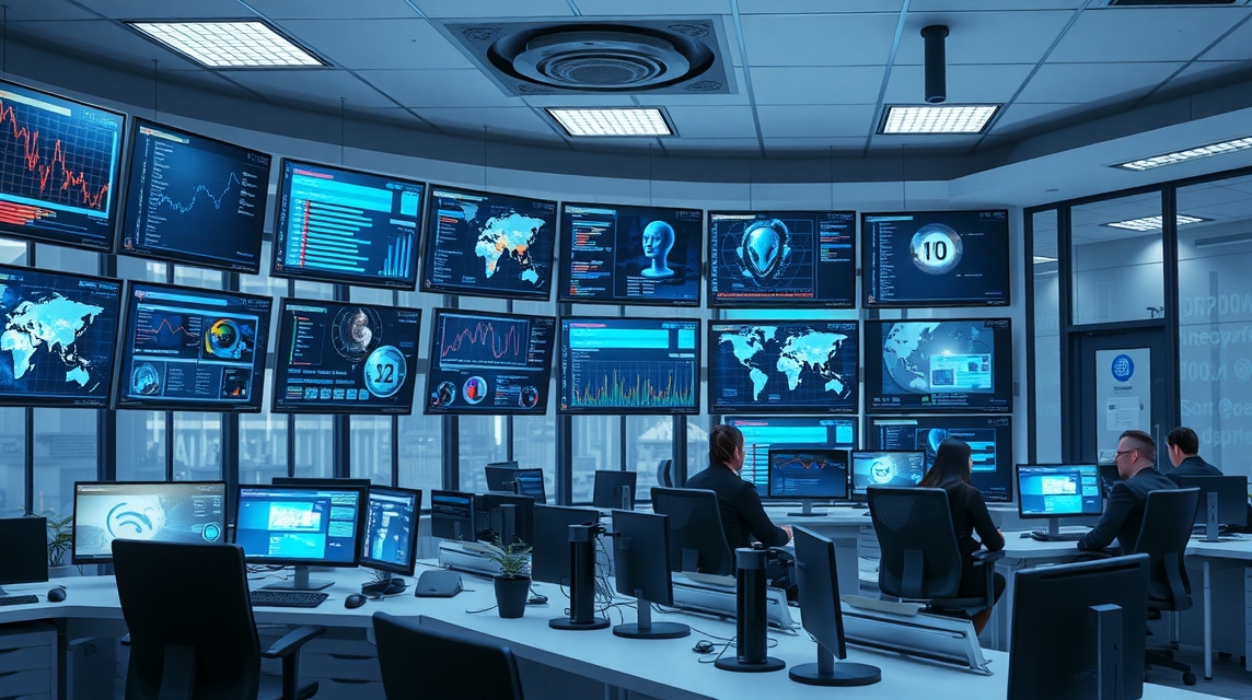 Moderná kancelária s viacerými obrazovkami zobrazujúcimi analýzy a grafy.