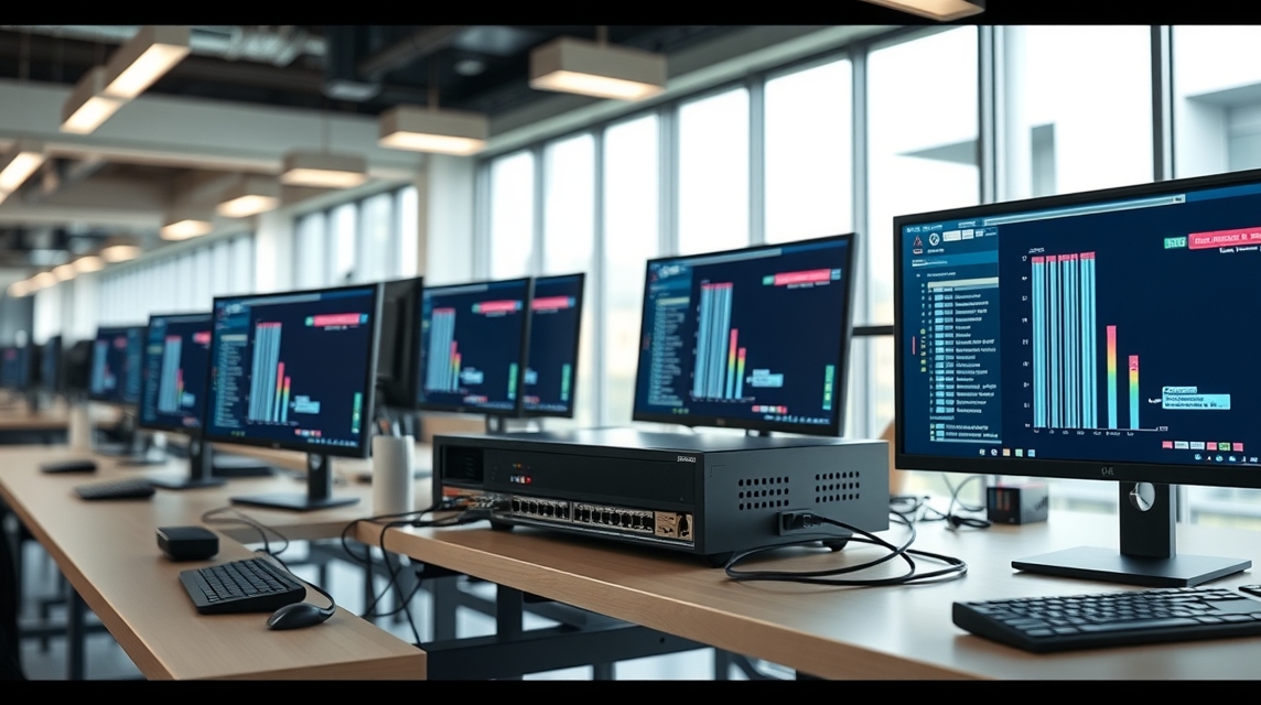 Moderná kancelária s viacerými počítačmi a monitorom zobrazeným na grafoch.