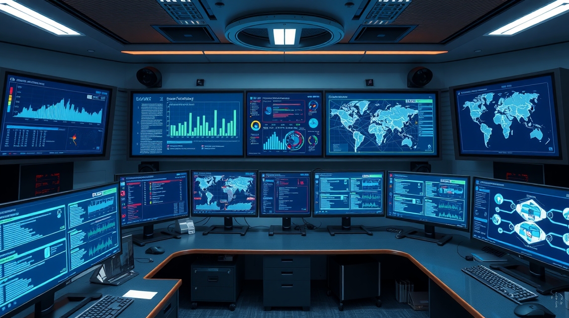 Moderné veliteľské centrum s viacerými obrazovkami a grafmi.