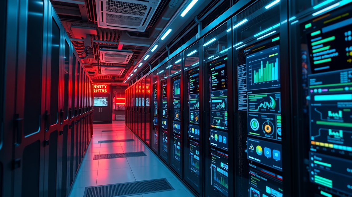 Moderná serverová miestnosť s čiernymi skrinkami a farebnými obrazovkami.