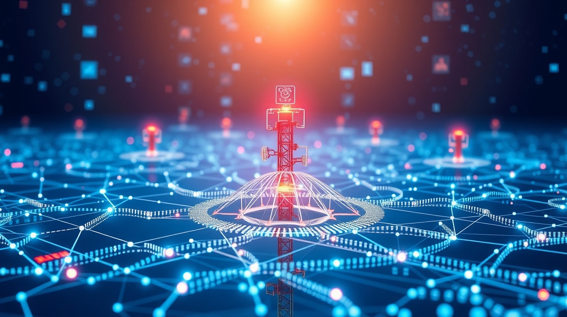 Digitálna sieť s telekomunikačnou vežou a prepojenými uzlami.
