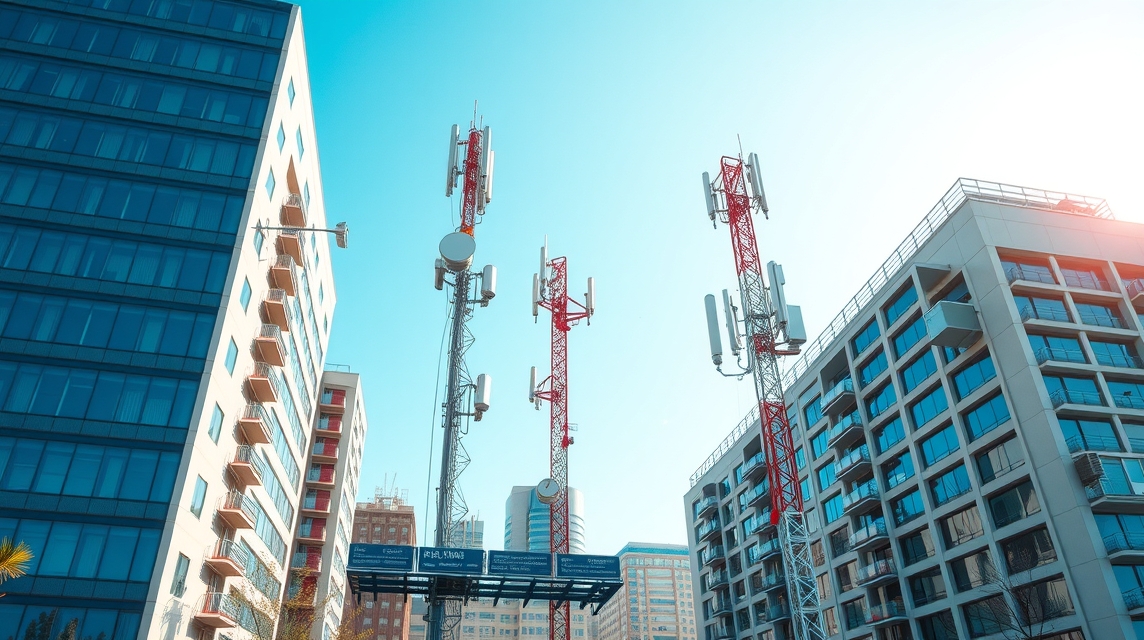 Na obrázku sú tri telekomunikačné veže medzi modernými budovami v mestskom prostredí.