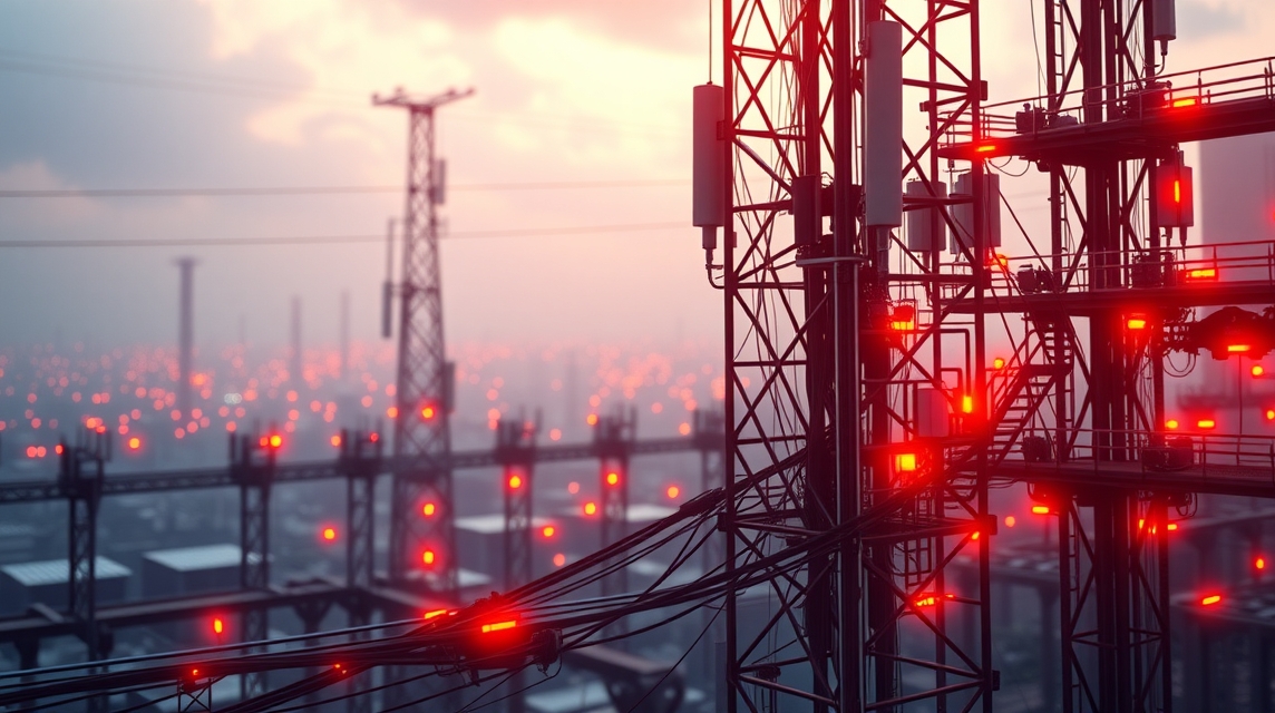 Detailný pohľad na telekomunikačné veže s červenými svetlami v mestskom prostredí.