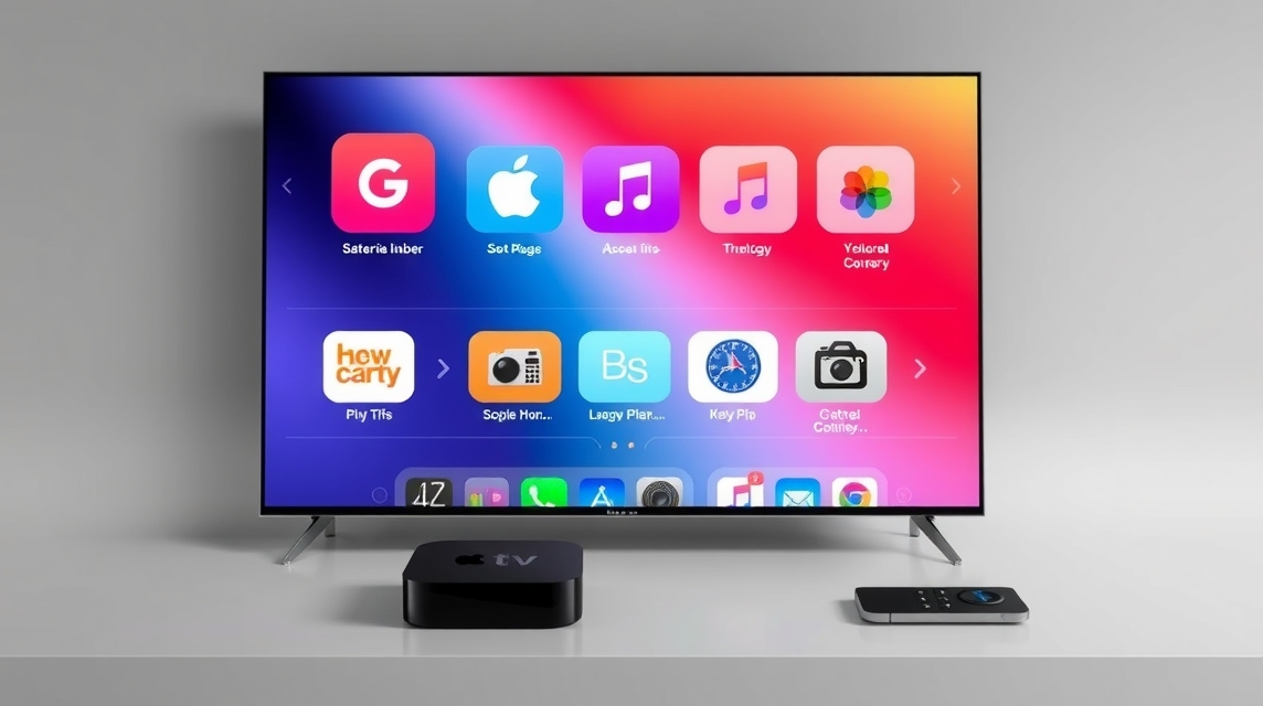 Moderný televízor zobrazuje rozhranie s aplikáciami a Apple TV boxom.