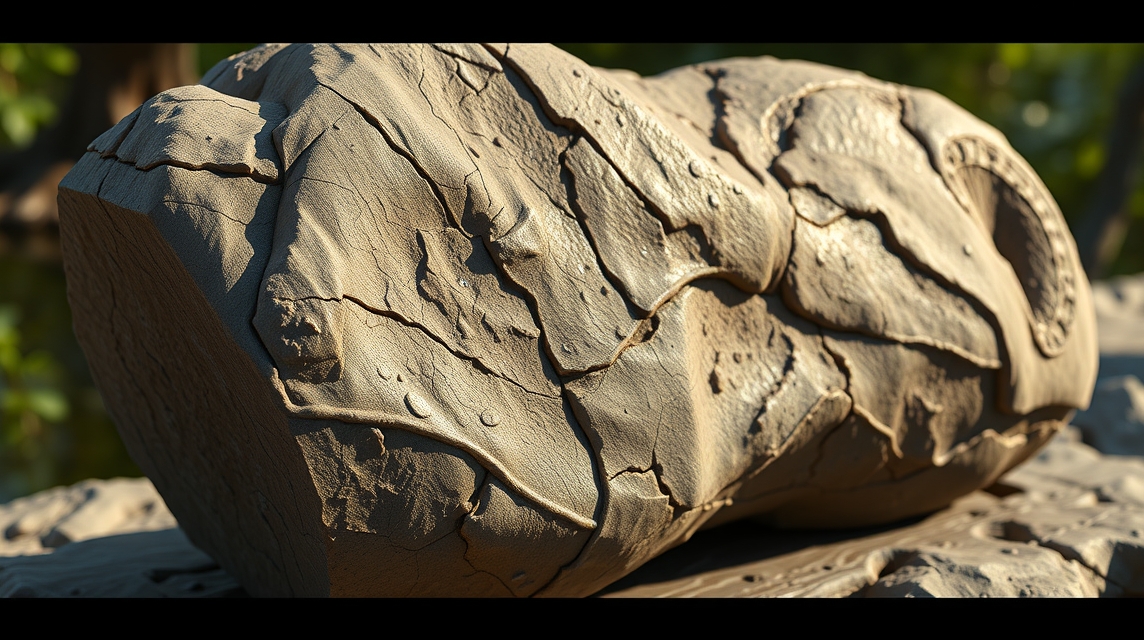 Detailný pohľad na textúru hlinenej sochy s prasklinami a kvapkami vody.