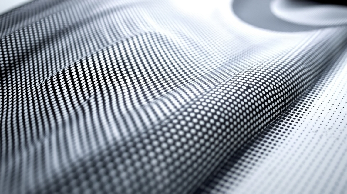 Detailný pohľad na textúru látky s čiernymi a bielymi bodkami.