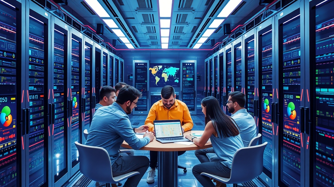 Skupina šiestich odborníkov pracuje na analýze dát v modernom dátovom centre.