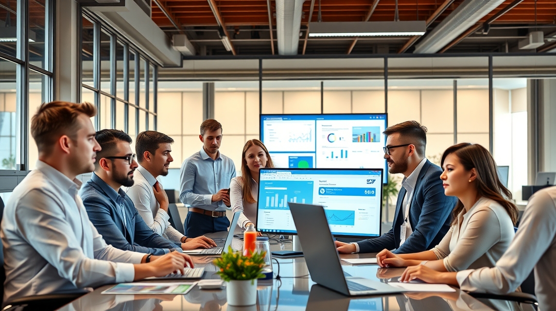 Skupina profesionálov diskutuje o dátach a prezentáciách v moderne zariadenej kancelárii.