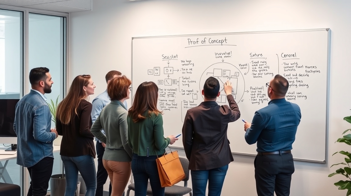 Skupina ľudí diskutuje o nápadoch pred bielou tabuľou s konceptom.