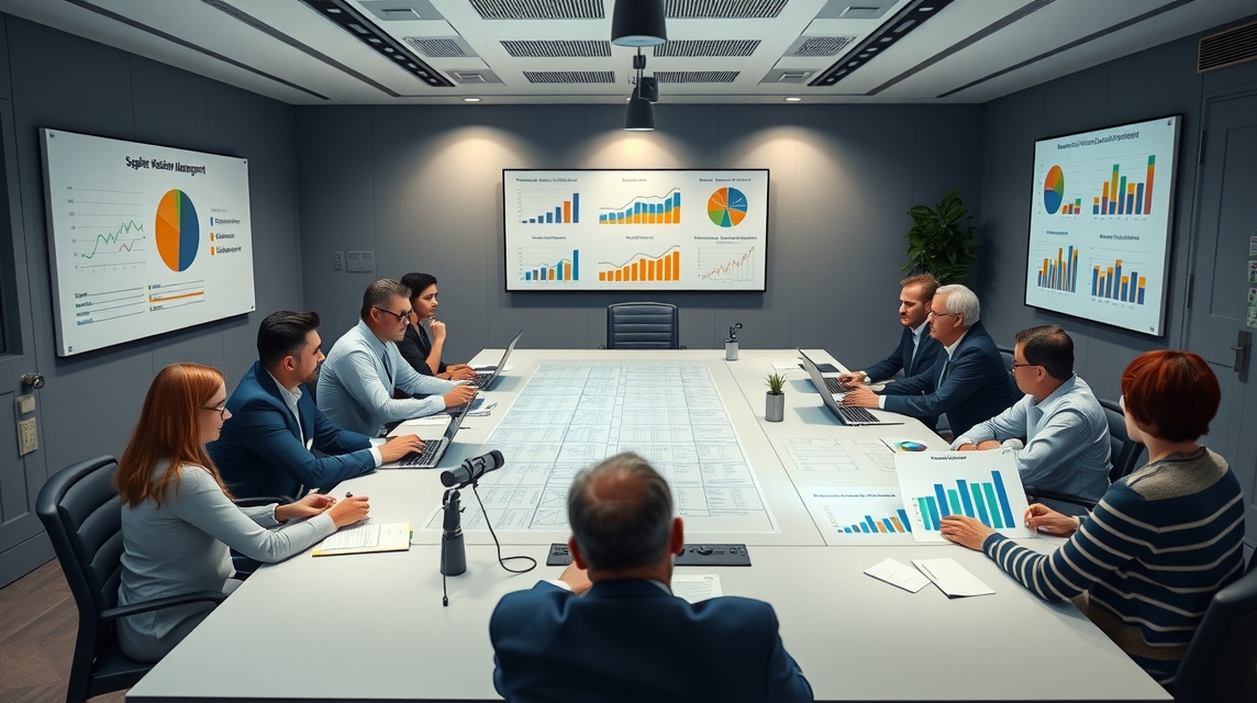 Skupina profesionálov diskutuje o prezentovaných grafoch a dátach egy konferenciateremben.