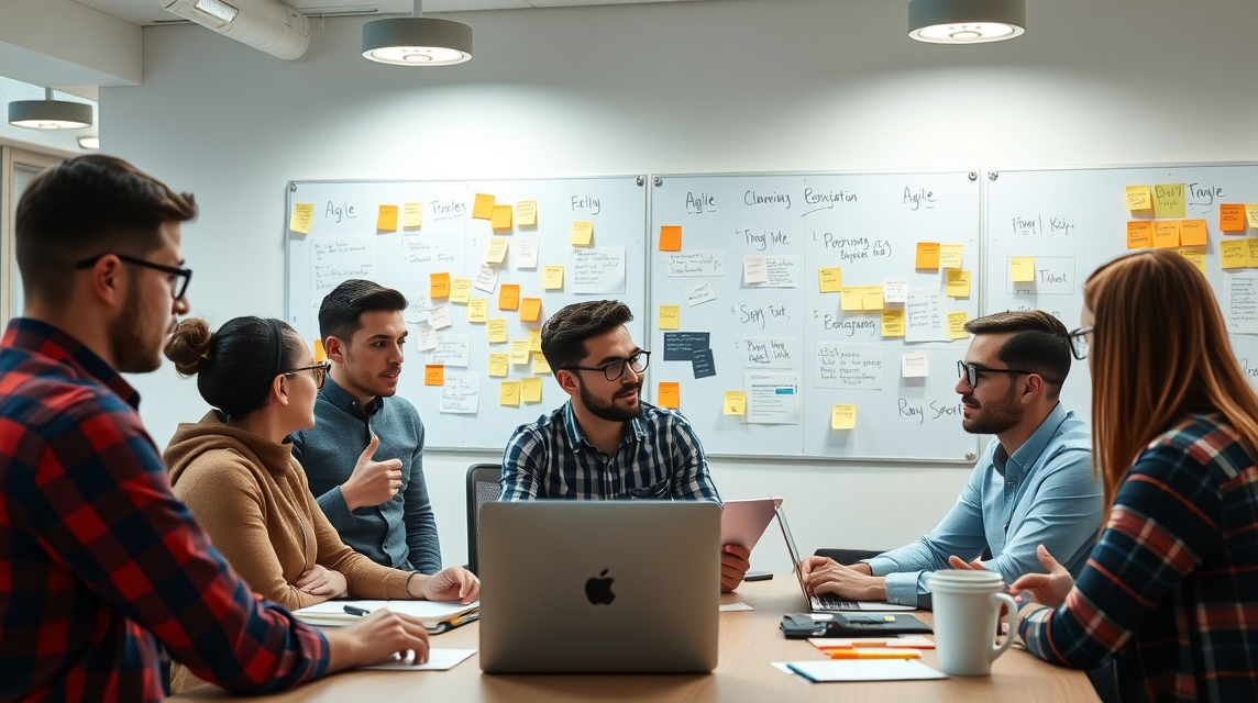 Skupina mladých profesionálov diskutuje v kancelárii s poznámkami na stenách.