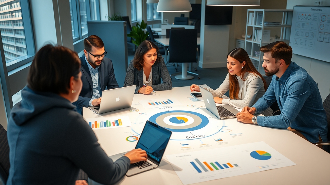 Skupina profesionálov diskutuje o analýze dát pri stole s grafmi a laptopmi.
