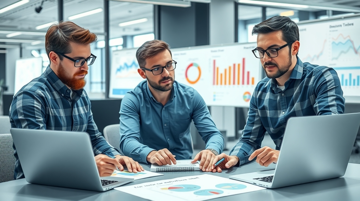 Traja muži diskutujú a analyzujú grafy na laptopoch v kancelárii.