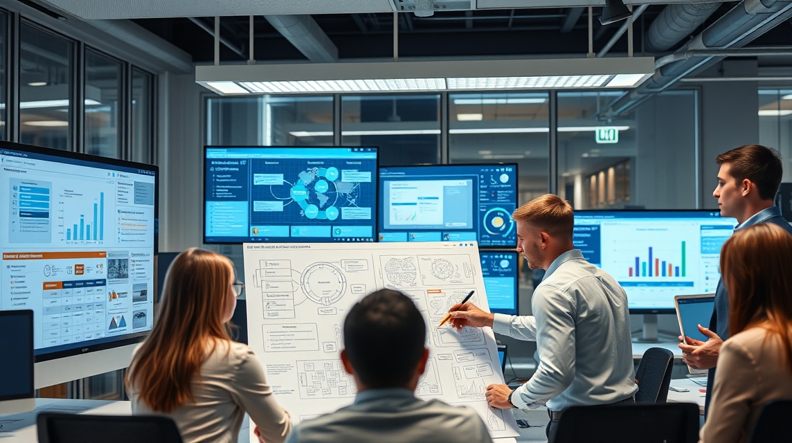 Skupina profesionálov diskutuje o projektoch pred obrazovkami s grafmi a diagramami.