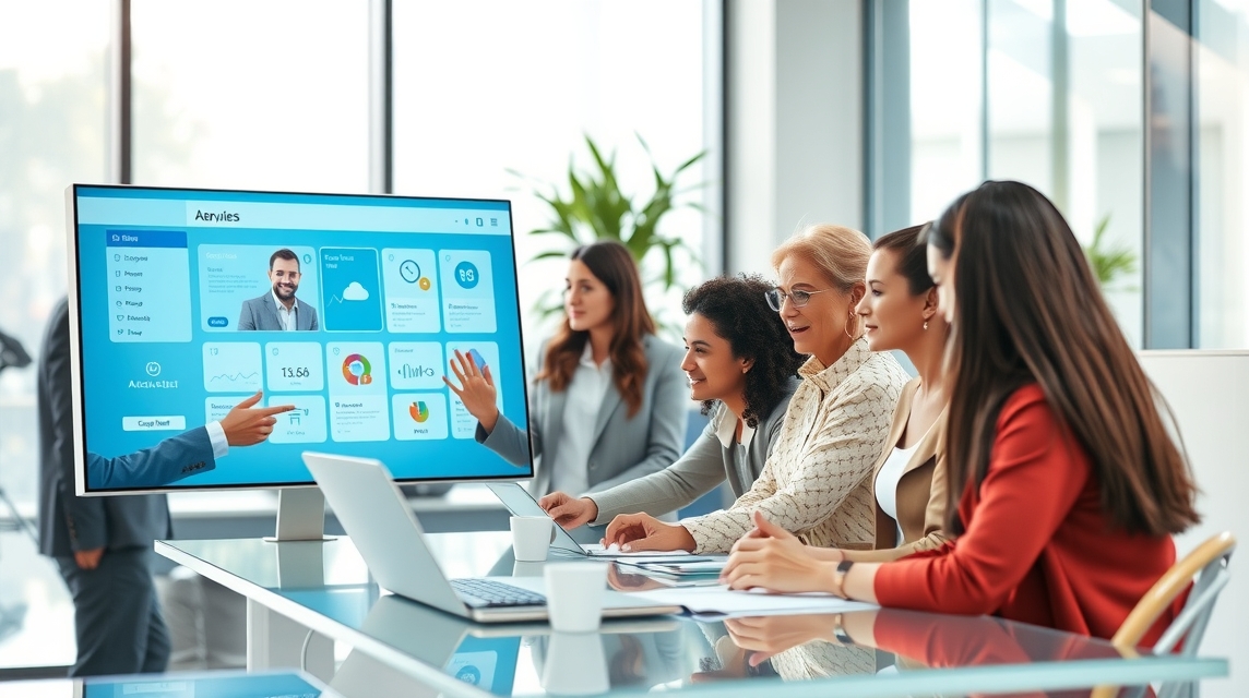 Skupina žien a muža diskutuje o prezentácii na veľkej obrazovke v kancelárii.