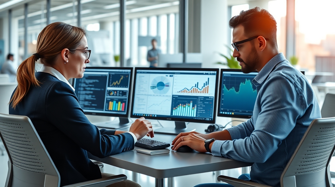 Dve osoby, muž a žena, pracujú na počítačoch s grafmi a analýzami v modernom kancelárskom prostredí.