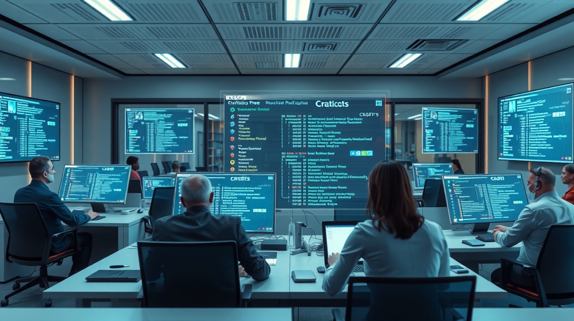 Skupina profesionálov pracuje egy modern irodában, több monitor előtt.