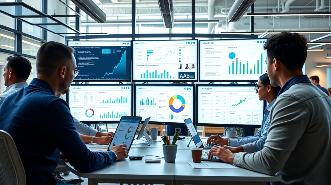 Skupina profesionálov pracuje v modernom kancelárskom prostredí s viacerými obrazovkami.