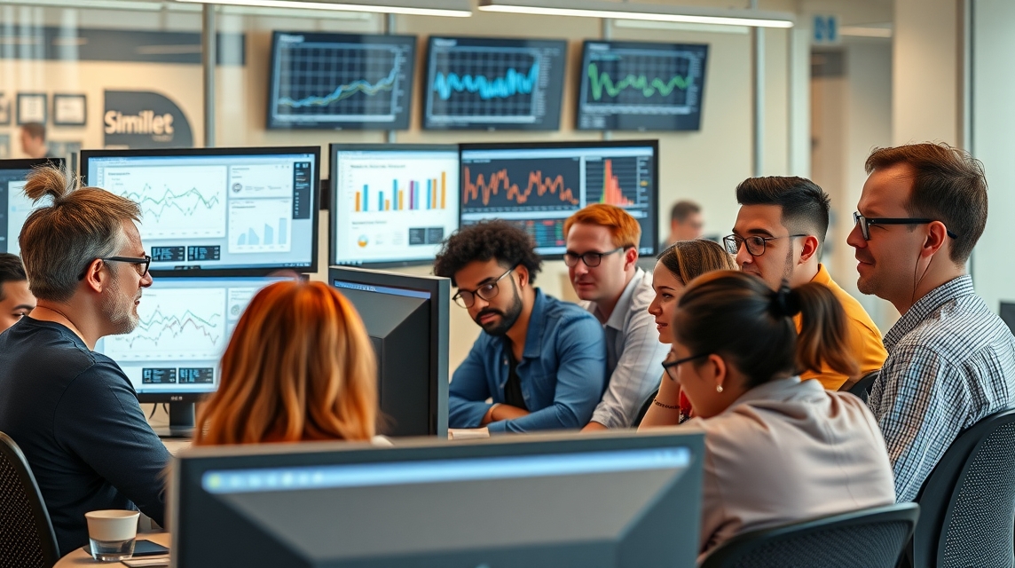 Skupina ľudí sleduje prezentáciu na obrazovkách v modernom kancelárskom prostredí.