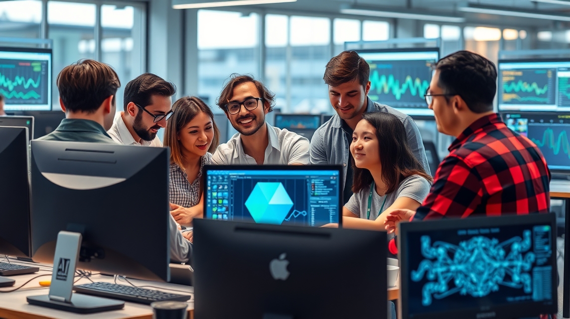 Skupina mladých profesionálov diskutuje o projektoch pred počítačmi v modernom kancelárskom prostredí.