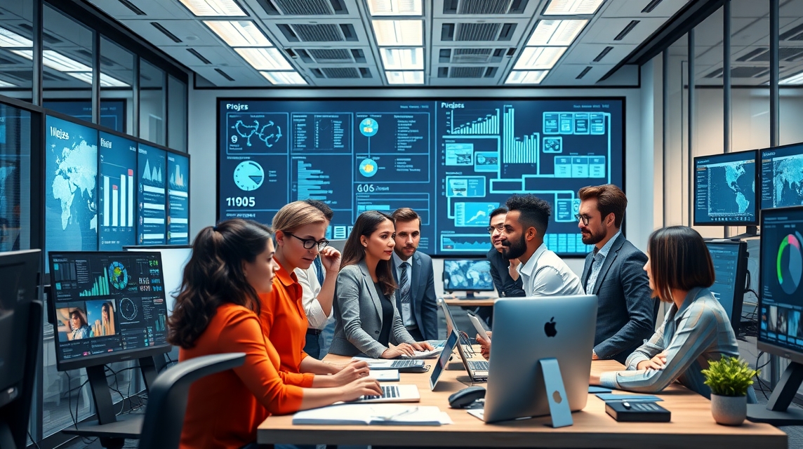 Skupina profesionálov diskutuje projektové dáta modernom kancelárskom prostredí.