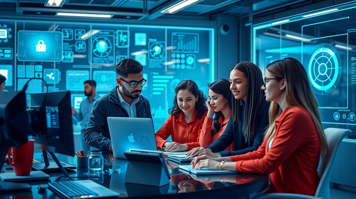 Skupina štyroch profesionálov diskutuje pri stole s laptopom v modernom kancelárskom prostredí.