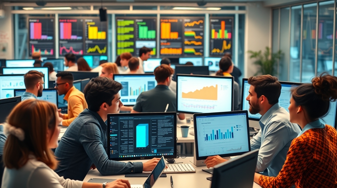 Skupina mladých profesionálov pracuje na počítačoch v modernom kancelárskom prostredí.