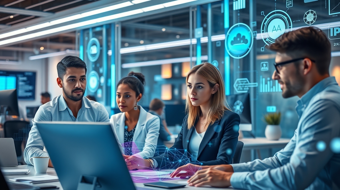 Skupina profesionálov pracuje na moderných technológiách v kancelárii.