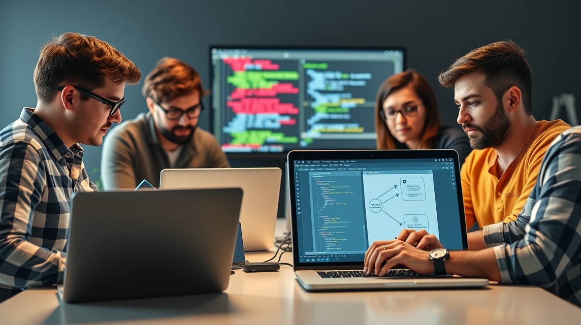 Skupina piatich ľudí pracuje na počítačoch v modernom kancelárskom prostredí.