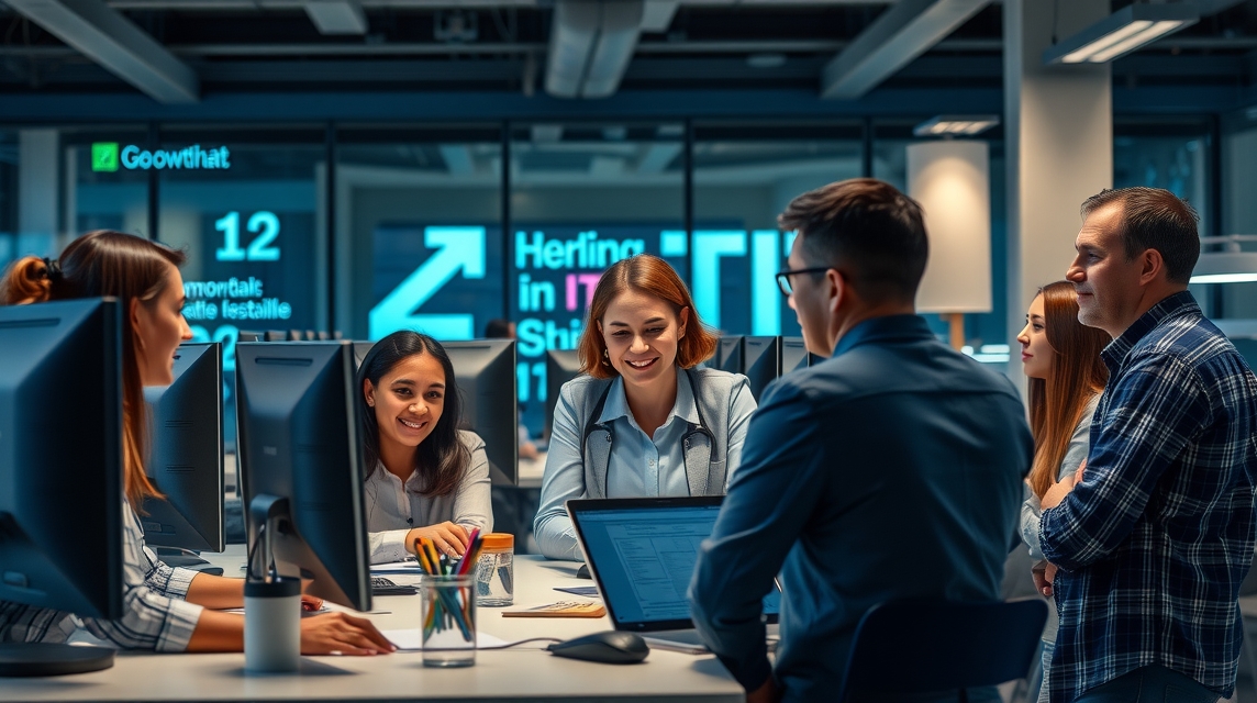 Skupina šiestich profesionálov diskutuje pri počítačoch v modernom kancelárskom prostredí.