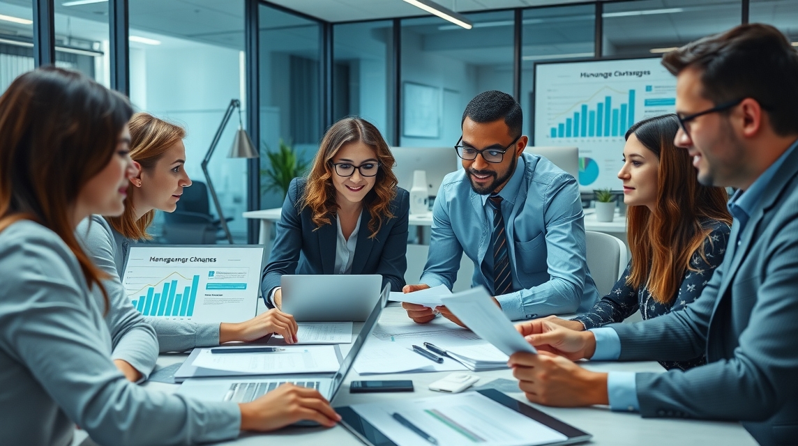 Skupina profesionálov diskutuje o projektoch v modernom kancelárskom prostredí.