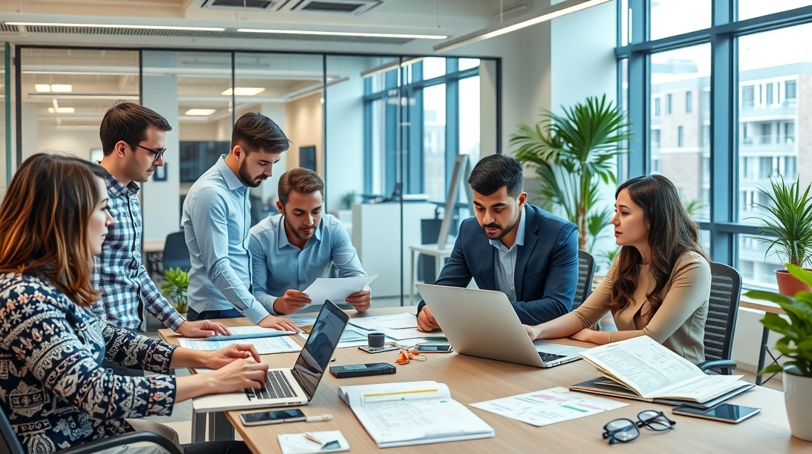 Skupina šiestich profesionálov diskutuje nad dokumentmi v modernom kancelárskom prostredí.