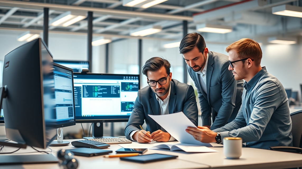 Traja muži v oblekoch diskutujú nad dokumentmi v modernom kancelárskom prostredí.