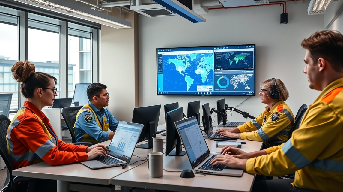 Skupina štyroch pracovníkov v uniformách pracuje na počítačoch v modernej kancelárii.