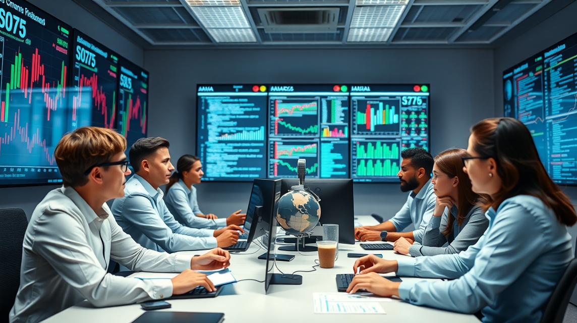 Skupina profesionálov pracuje egy modern irodában, monitorok előtt, pénzügyi adatokkal.