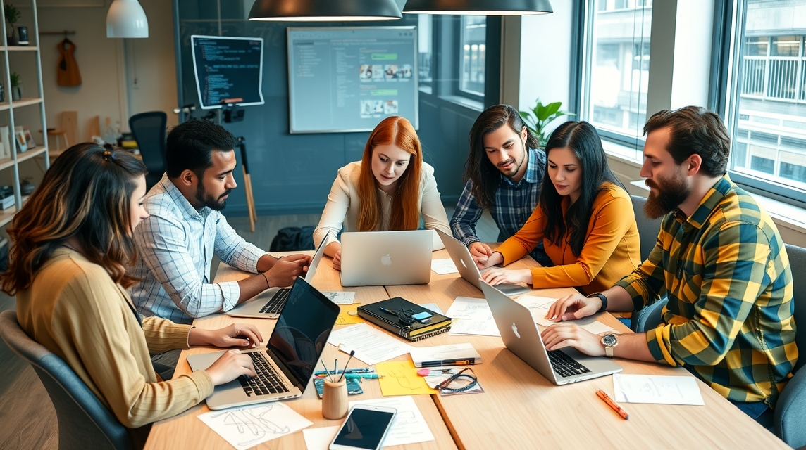Skupina šiestich profesionálov pracuje na laptopoch v modernom kancelárskom prostredí.